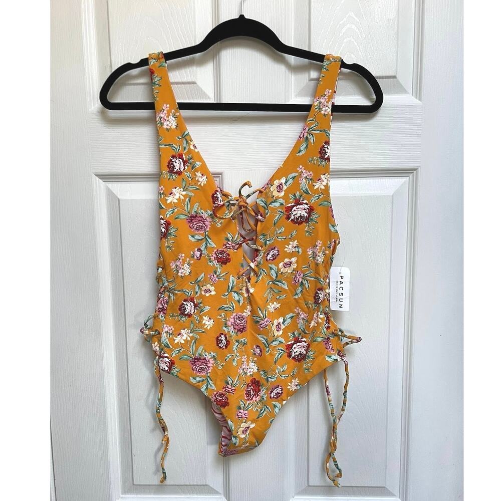Pacsun Amor y Besos Reversible Plunge One Piece Lace Tie Floral Striped Swimsuit